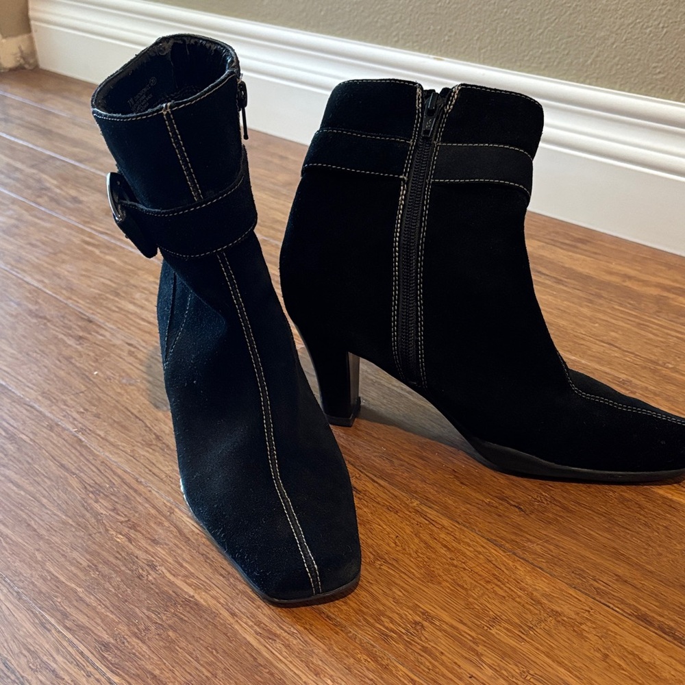 Black Suede Ankle Booties with Contrast Stitch Detail